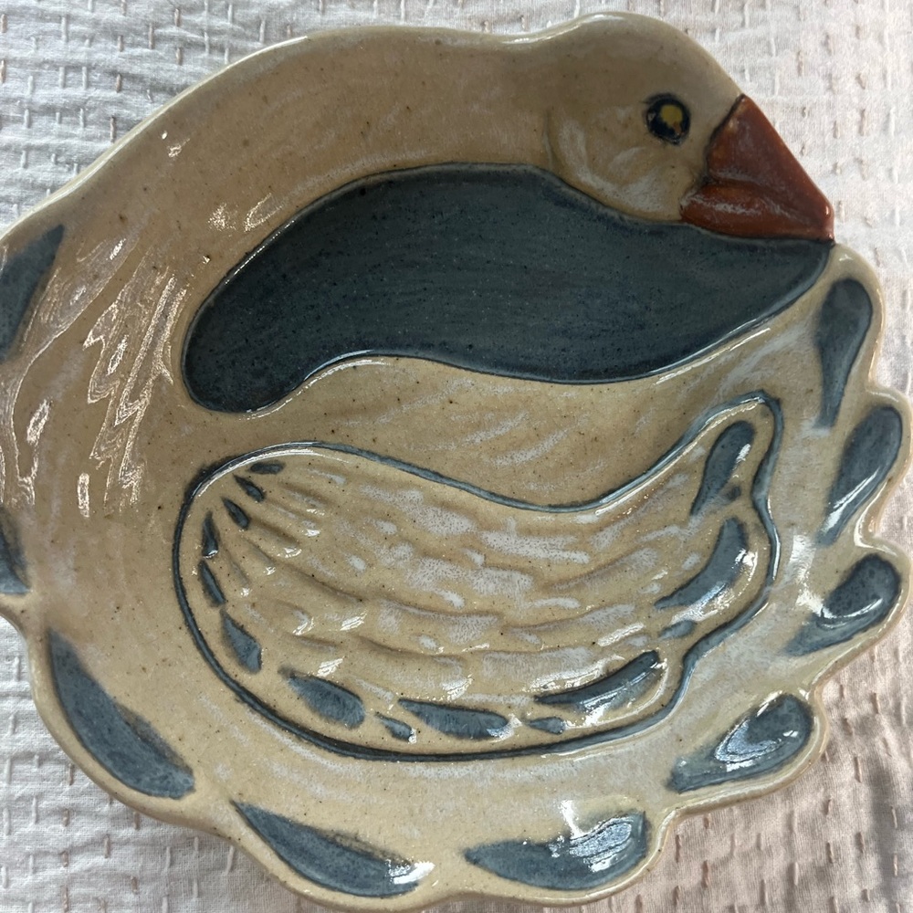 Great duck shaped vintage studio glazed pottery dish